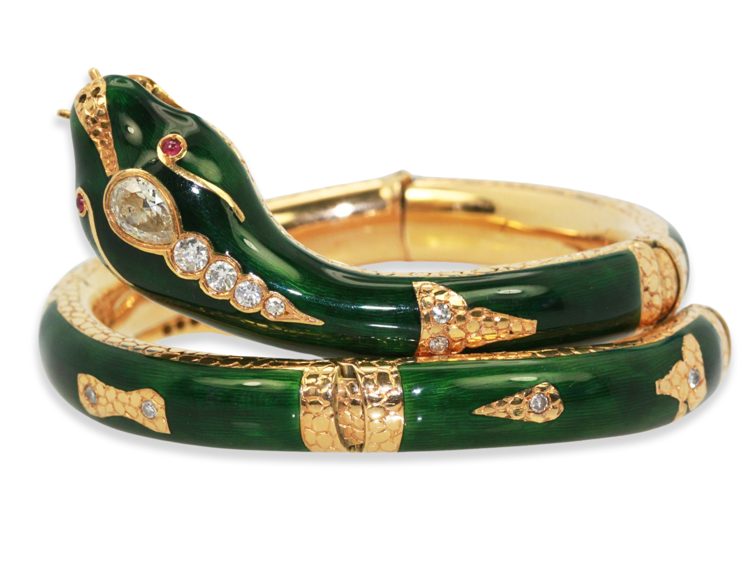 Enamel Snake Bangle Bracelet With Yellow Gold & Diamonds
