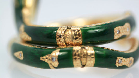 Enamel Snake Bangle Bracelet With Yellow Gold & Diamonds
