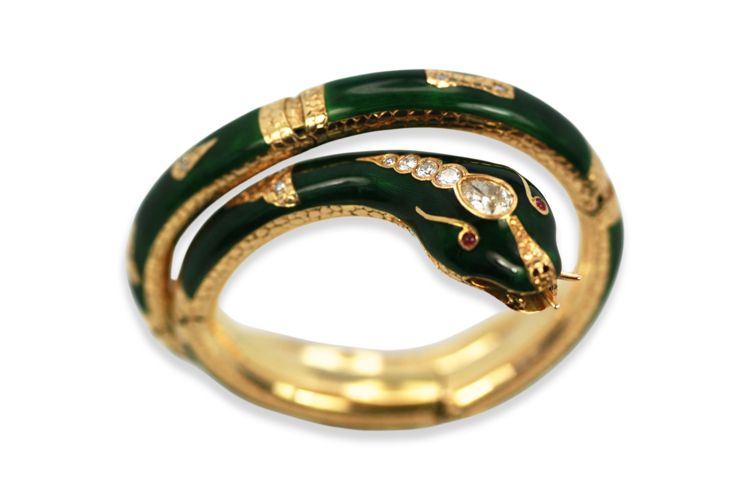Enamel Snake Bangle Bracelet With Yellow Gold & Diamonds