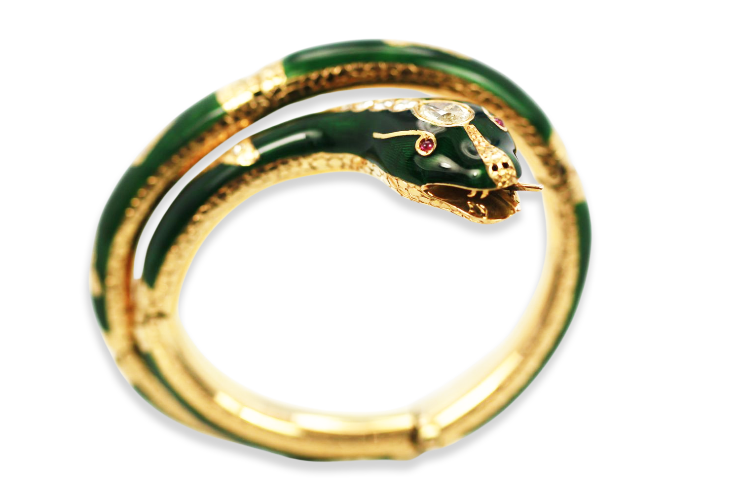 Enamel Snake Bangle Bracelet With Yellow Gold & Diamonds