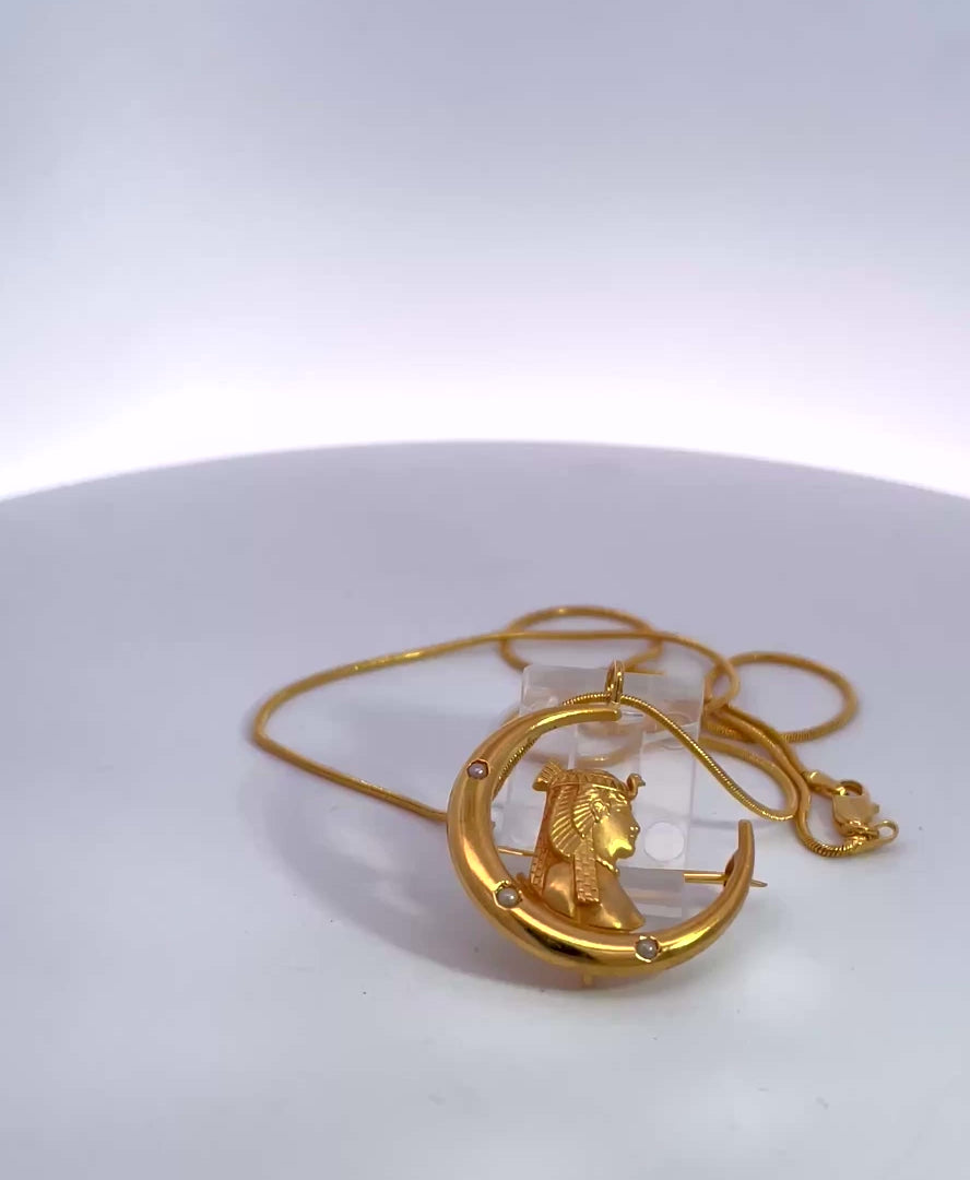 Egyptian Revival Pharoah on Crescent Moon 14K