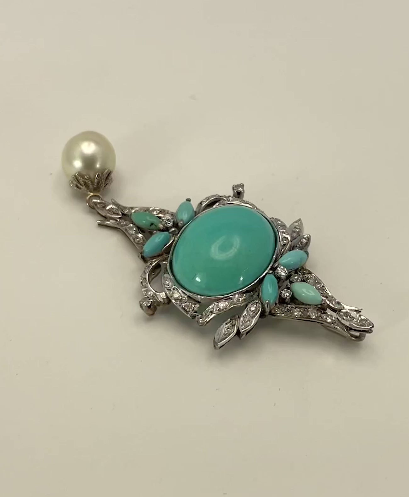 Persian Turquoise Pendant In Palladium With South Sea Pearl