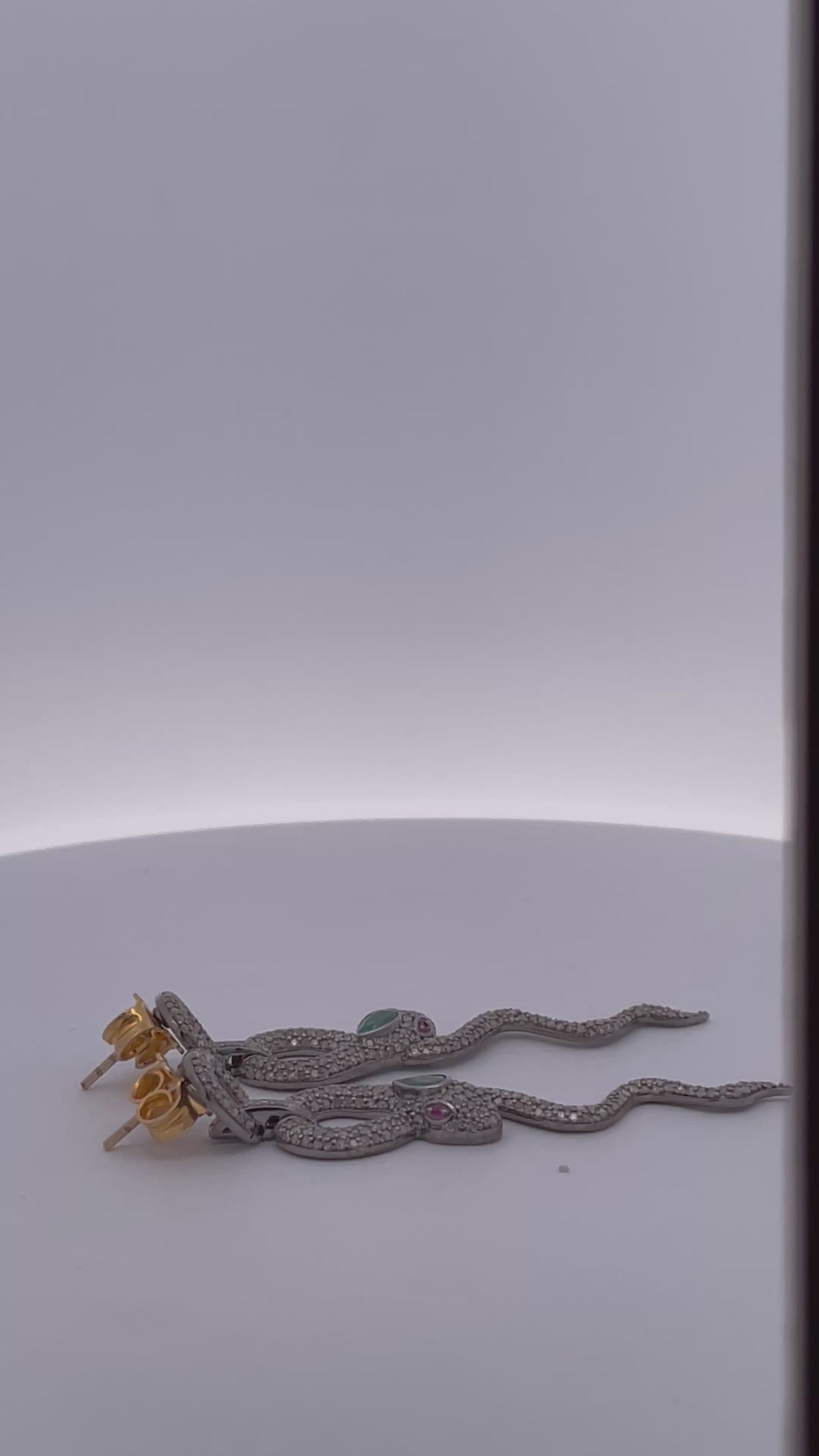 Silver Snake Long Earrings green stone eyes