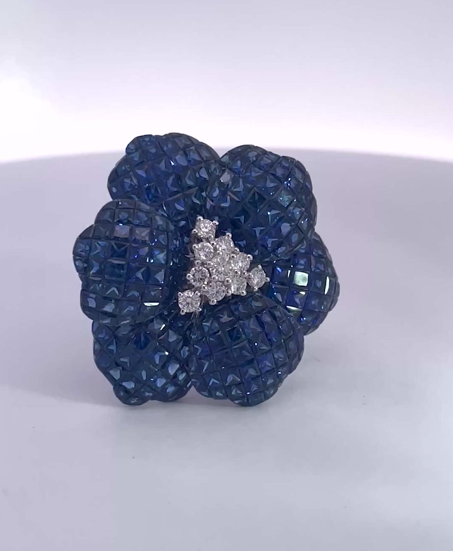 Huge Sapphire Diamond Flower Ring 18K
