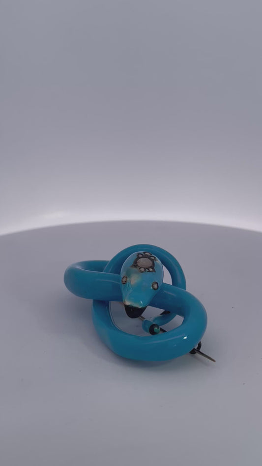 Antique Circa 1890 Enamel Diamond Snake Brooch, 38.4g Gold, Blue