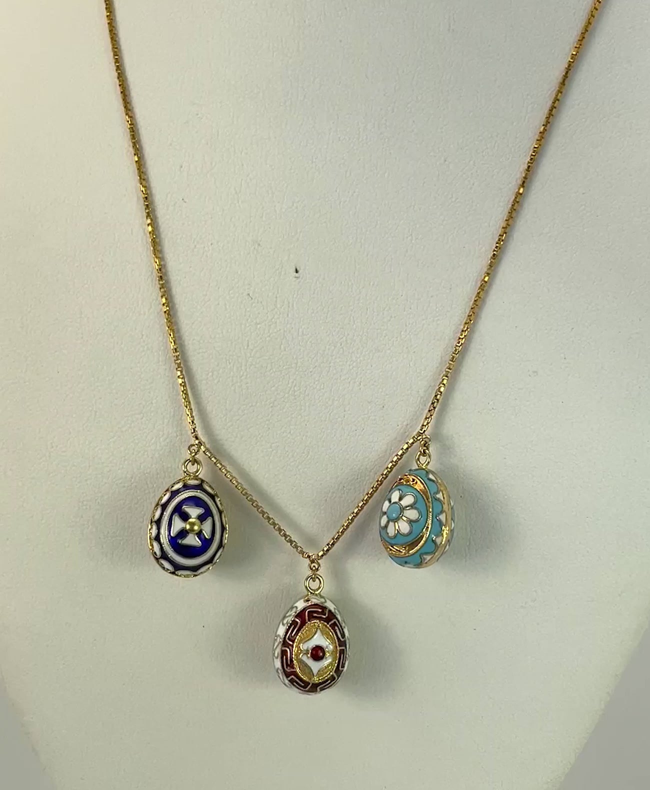 18K Gold Necklace with Red, Blue, Turquoise Eggs