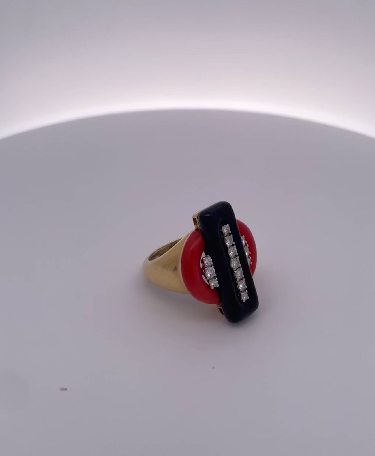 Deco Coral Onyx Diamond Ring 18K