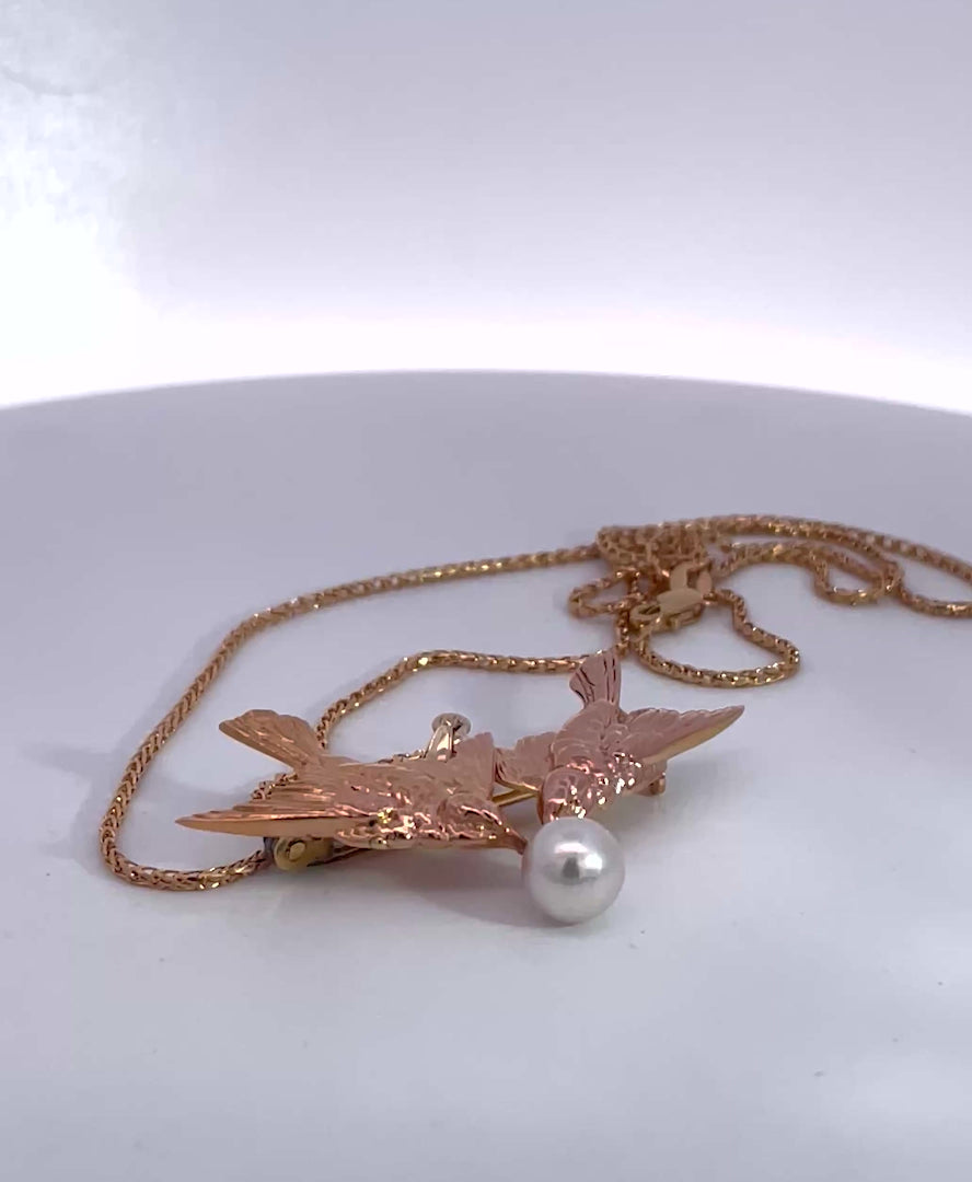 Double Bird Brooch Pendant w/Pearl 14K