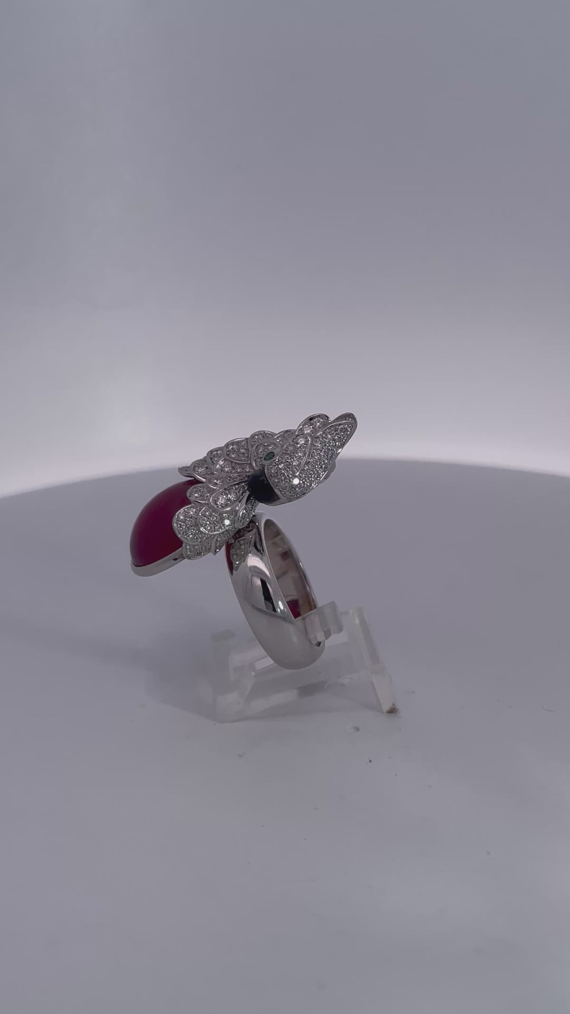 Large Oval Ruby Cabochon and Diamond Parrot Ring