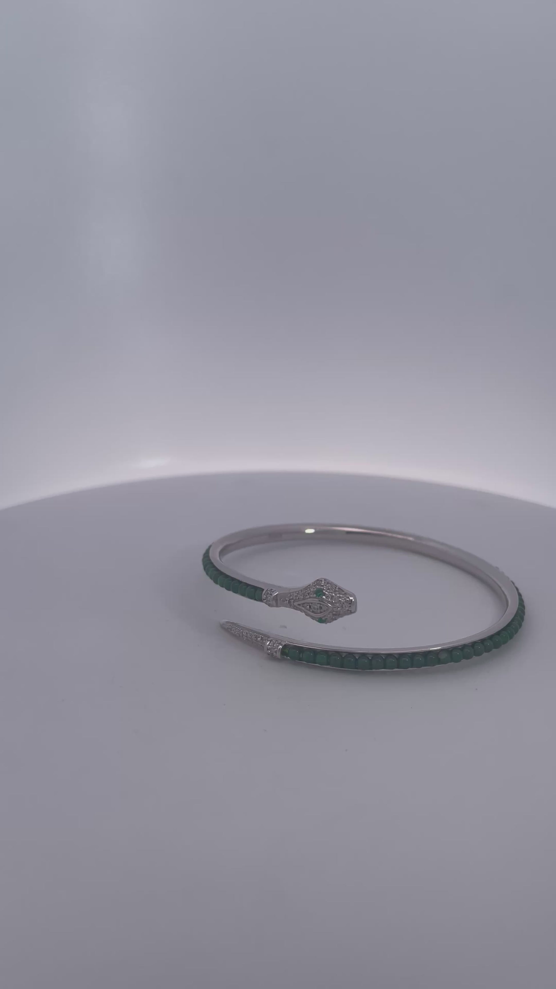 Serpent Wrap Bangle with Green Jade Beads and Cubic Zirconia