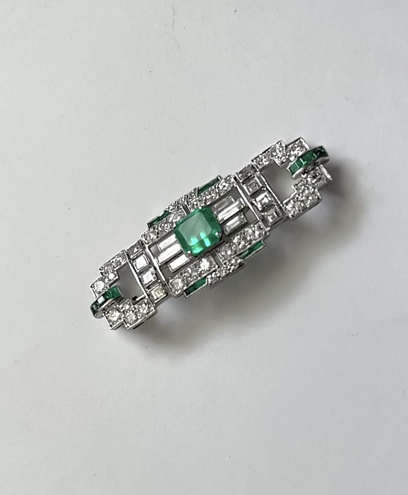 Deco Platinum Emerald Diamond Brooch