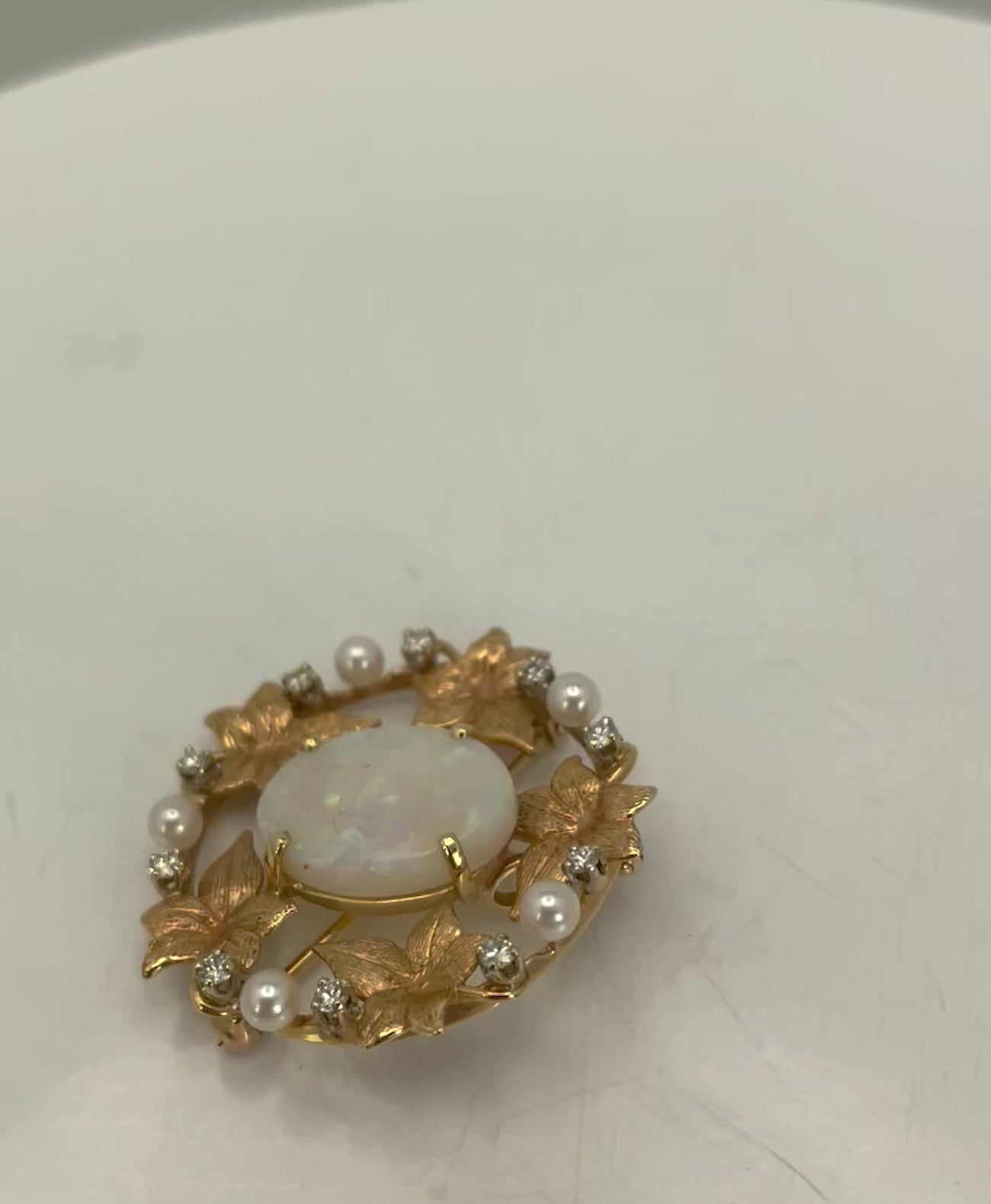 Opal Laurel Leaf Brooch Pendant 14K