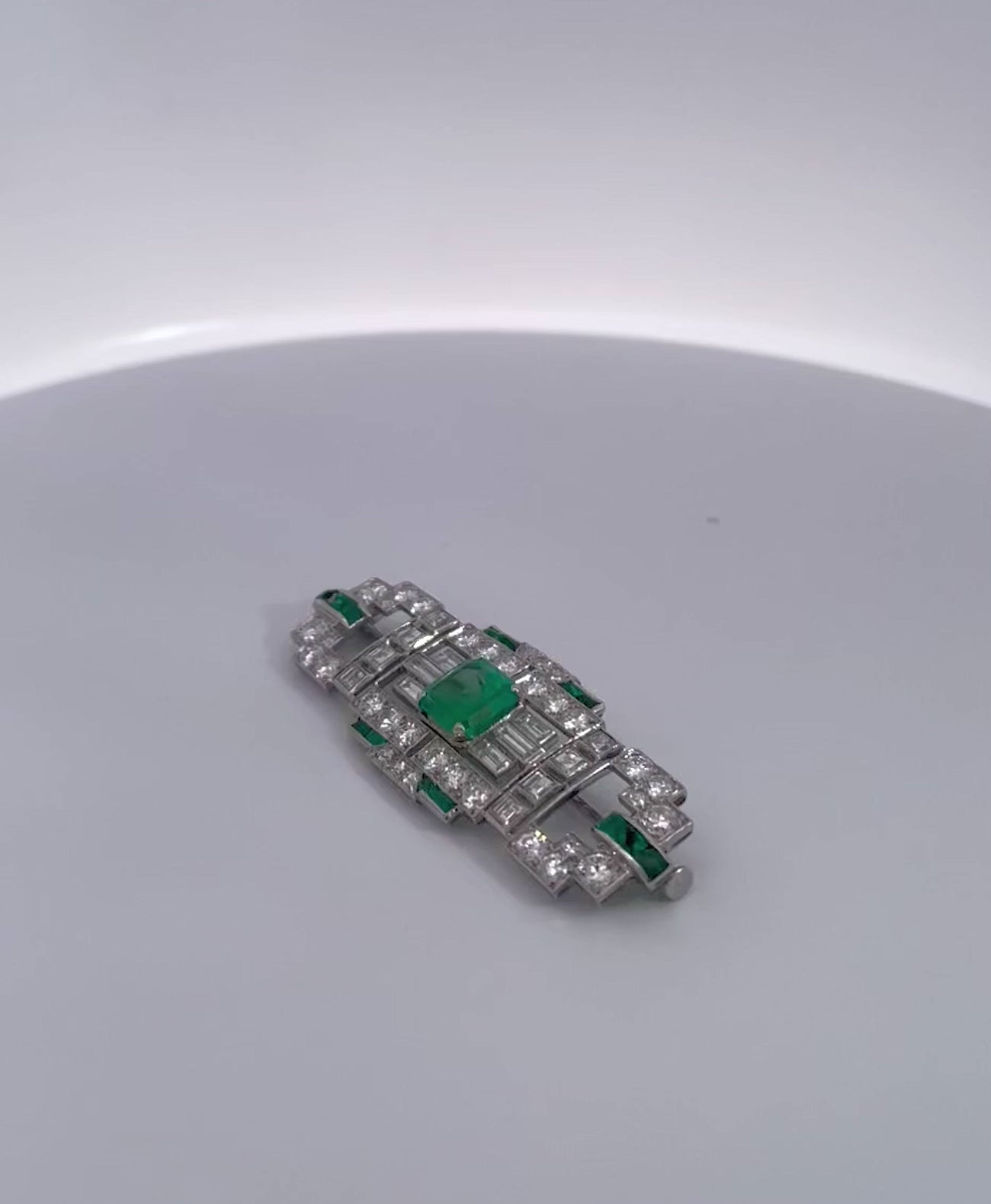 Deco Platinum Emerald Diamond Brooch