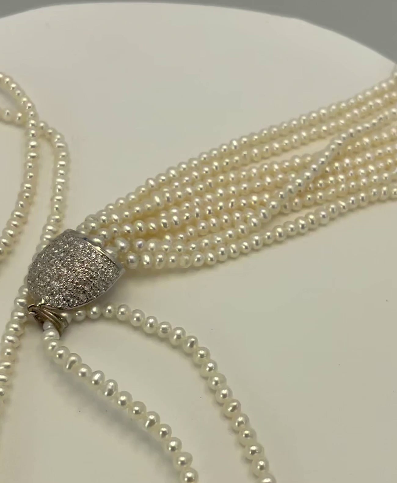 Seed Pearl Necklace with 4 1/2" Pearl Tassel 18K WG2"L