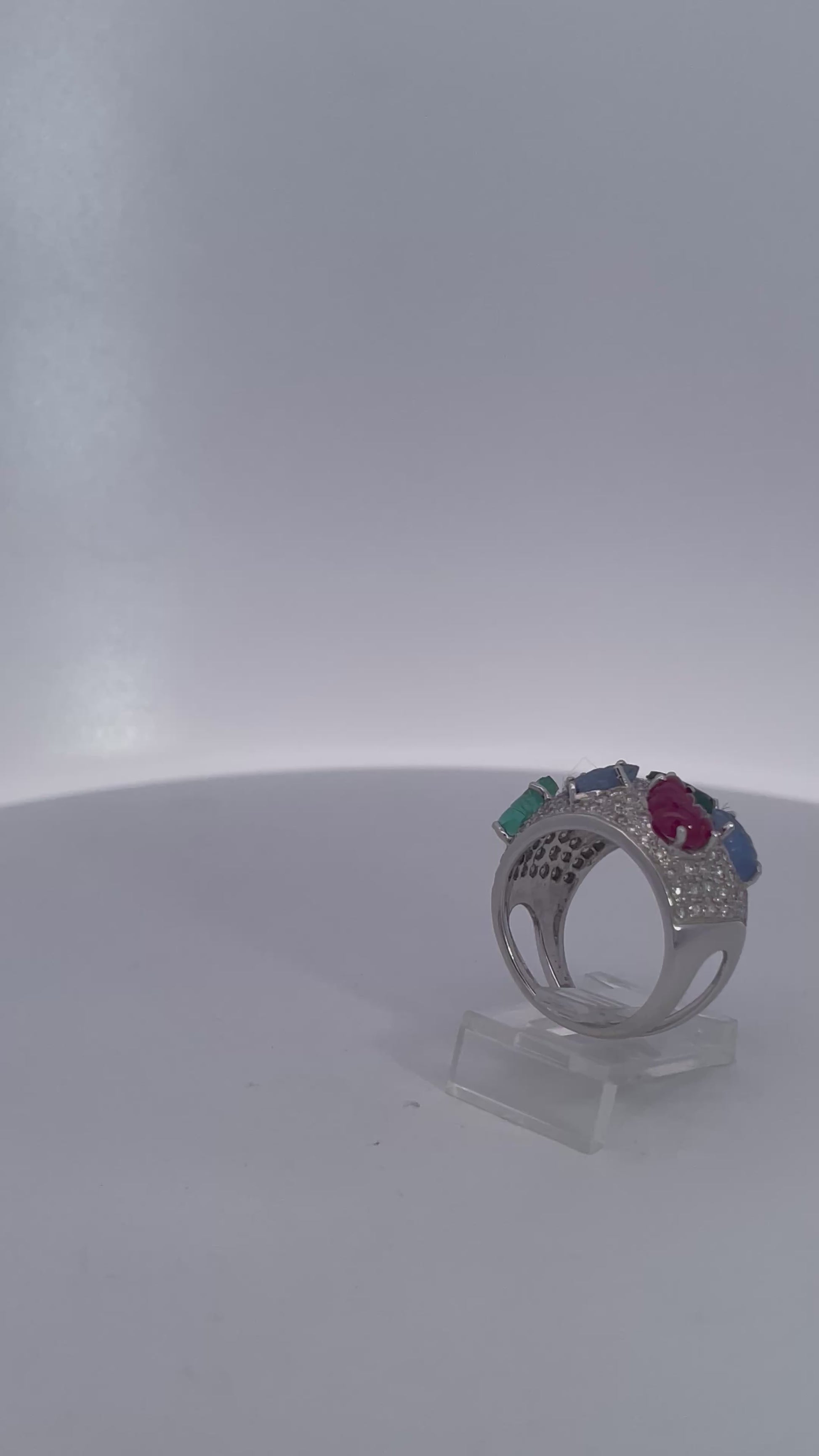 Vintage Multi-Gemstone Cocktail Ring in 18K White Gold, 1990