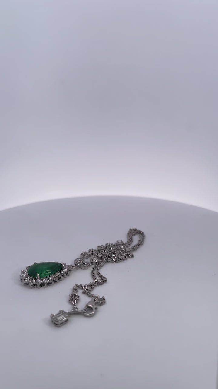 Pear-Shaped Cabochon Emerald & Diamond Halo Pendant Necklace in White Gold