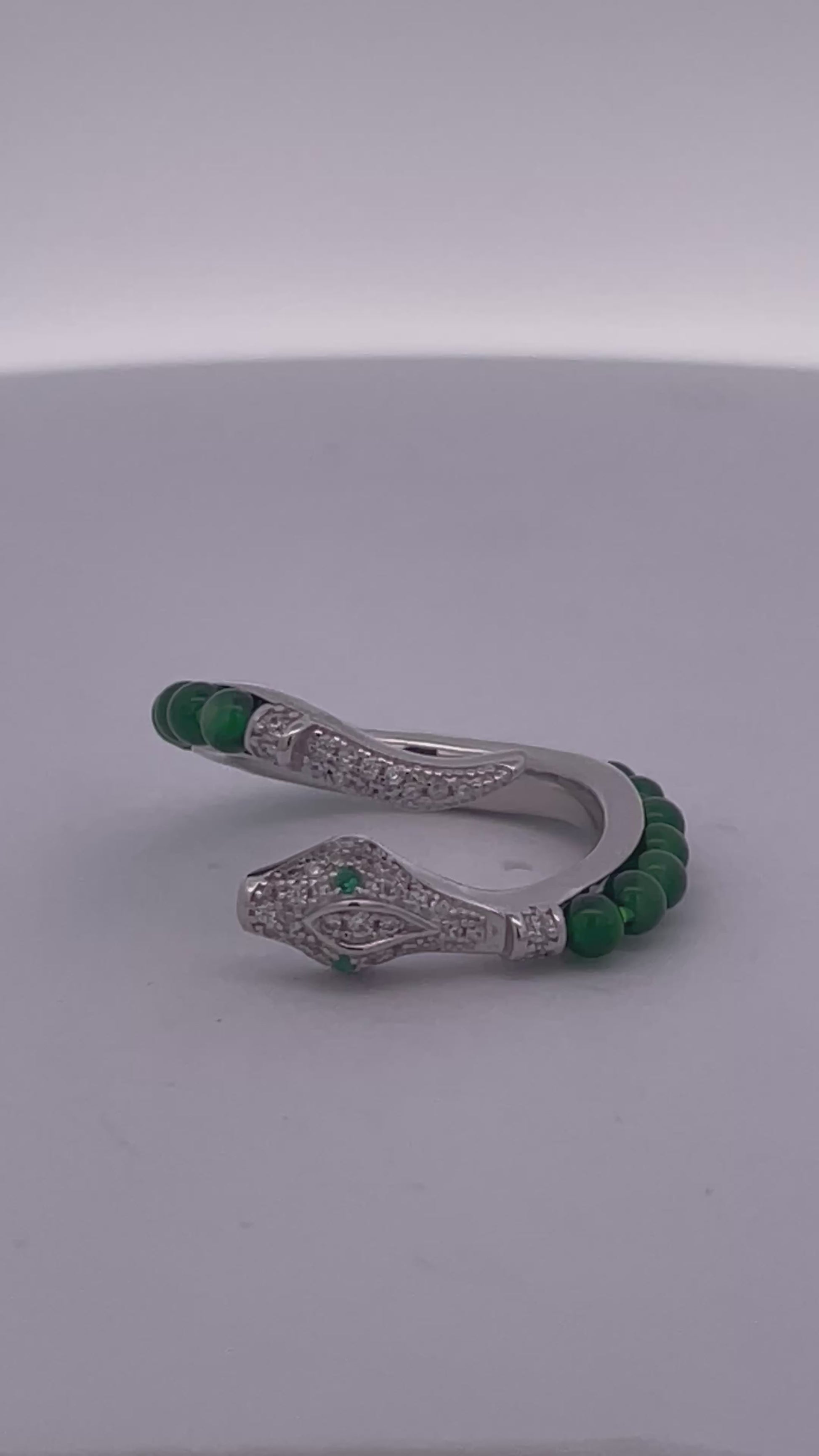Silver Wrap-Style Cocktail Ring with Green Jade and Cubic Zirconia
