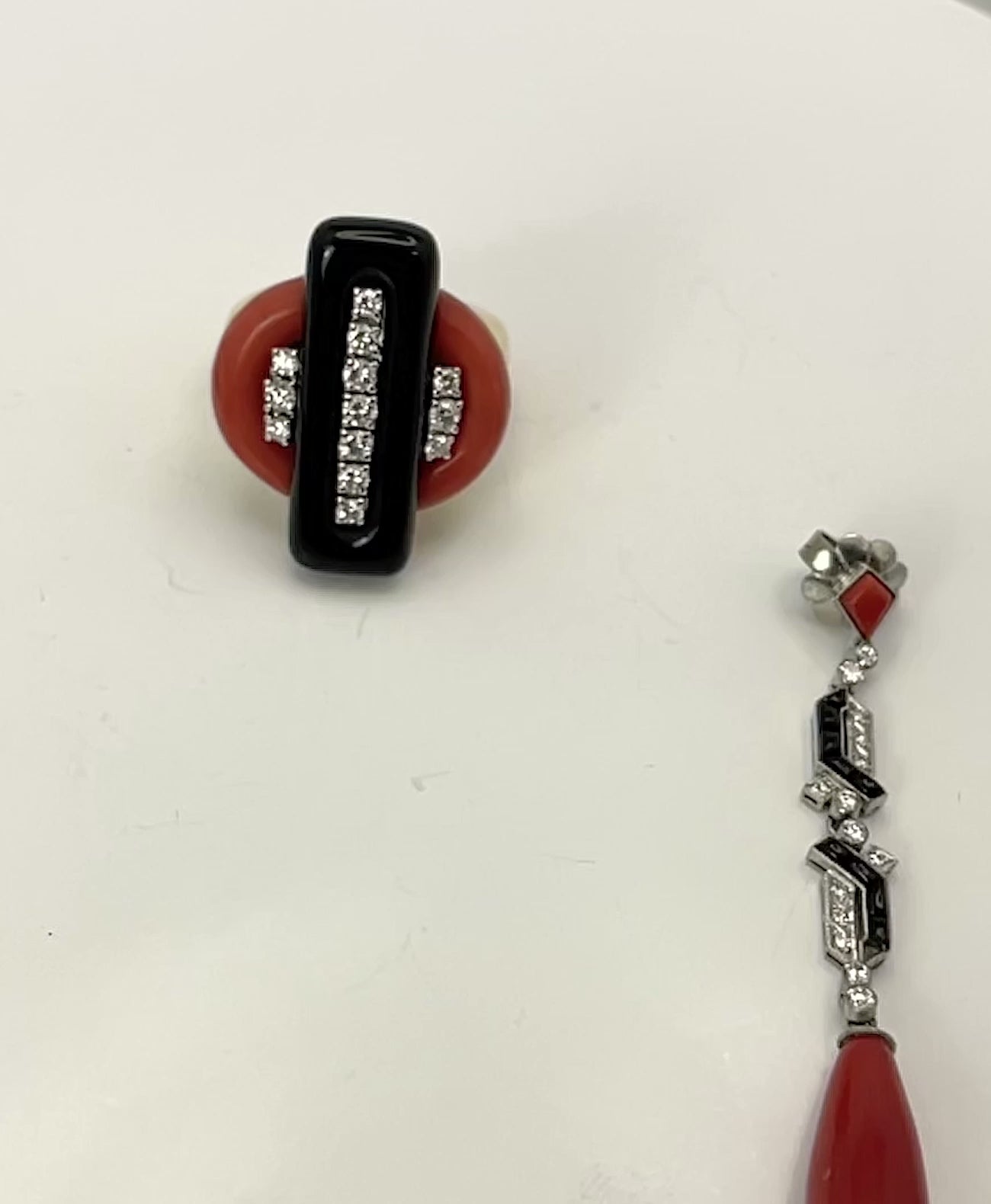 Deco Coral Onyx Diamond Ring 18K