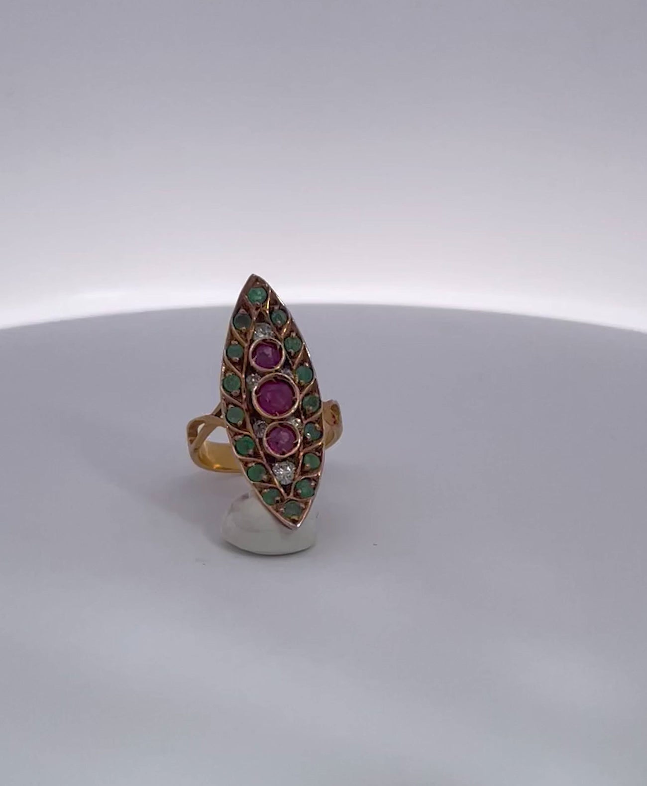 Deco Ruby Emerald & Diamond Pagoda Ring In 18K