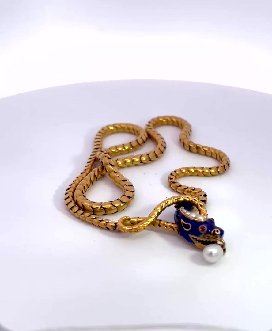 Snake Necklace 15K Yellow Gold Cobalt Blue Enamel 17