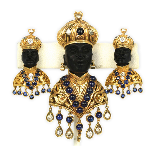 Antique Blackamoor 18K Yellow Gold Brooch And Earrings