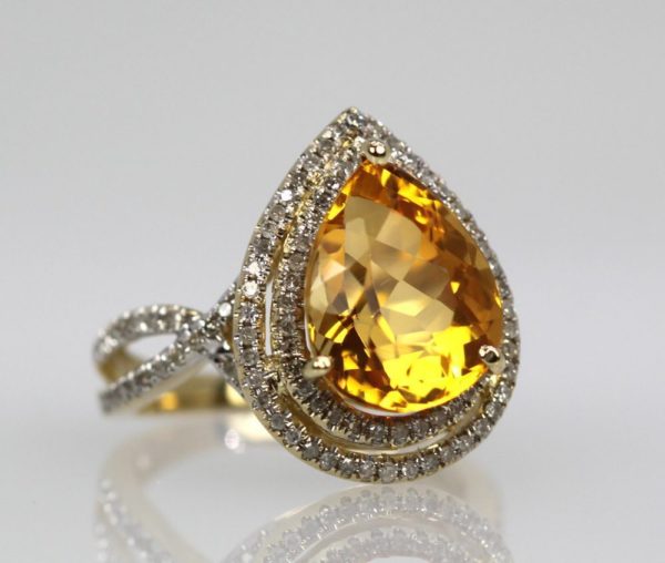 Citrine Pear Ring - Double Diamond Surround - Cris Notti Jewels