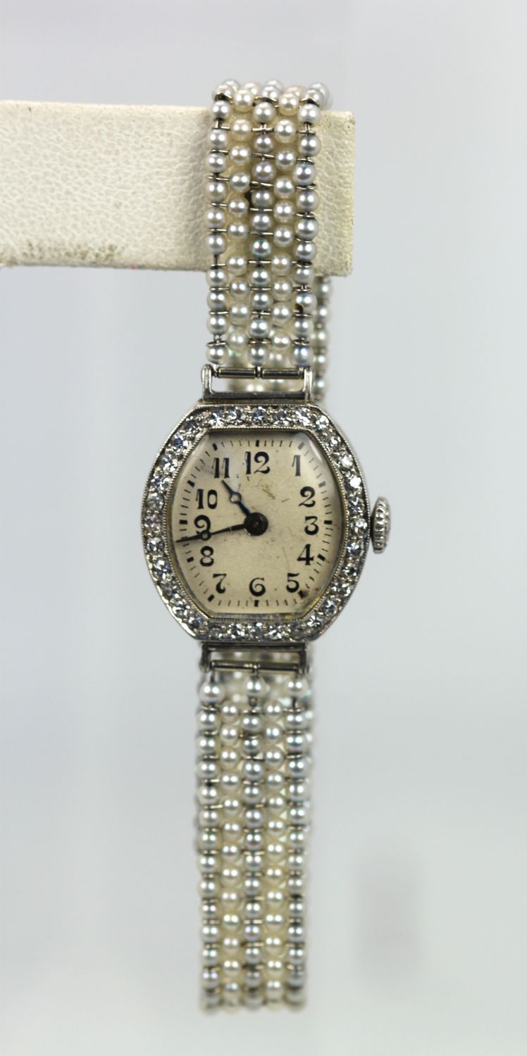 Platinum Diamond Pearl Bracelet Watch | Deco Ladies Wristwatch – Cris ...