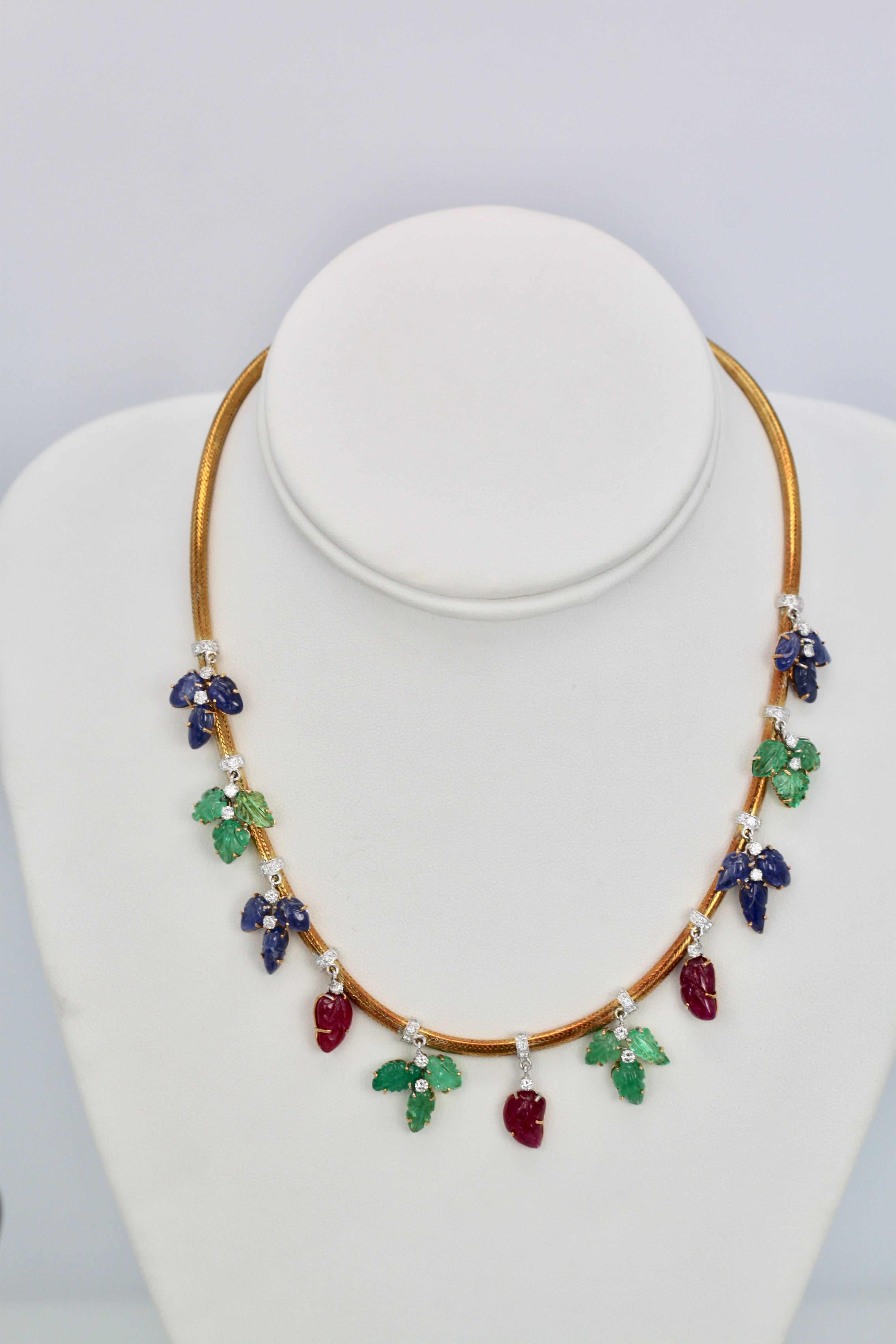 Tutti Frutti Necklace Diamonds Carved Emeralds, Rubies, Sapphires 18K Gold