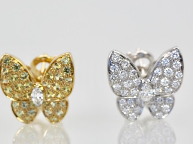 Van Cleef & Arpels White Diamond Yellow Sapphire Butterfly Earrings - set