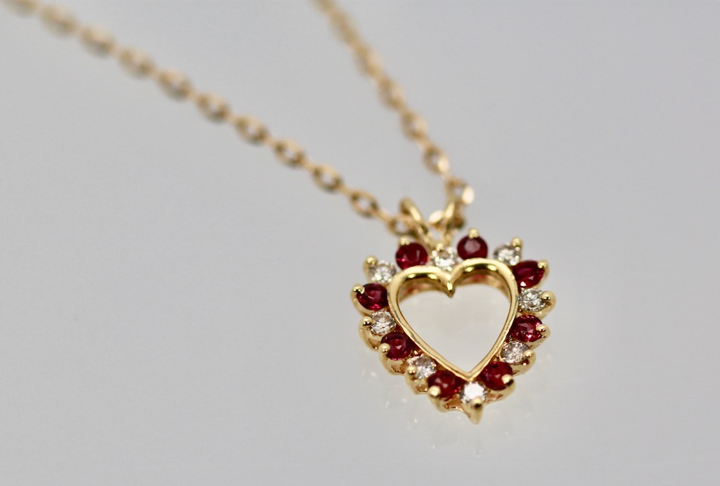 Classic Ruby and Diamond 14k Heart Pendant Necklace on 22” 18k yellow gold  chain