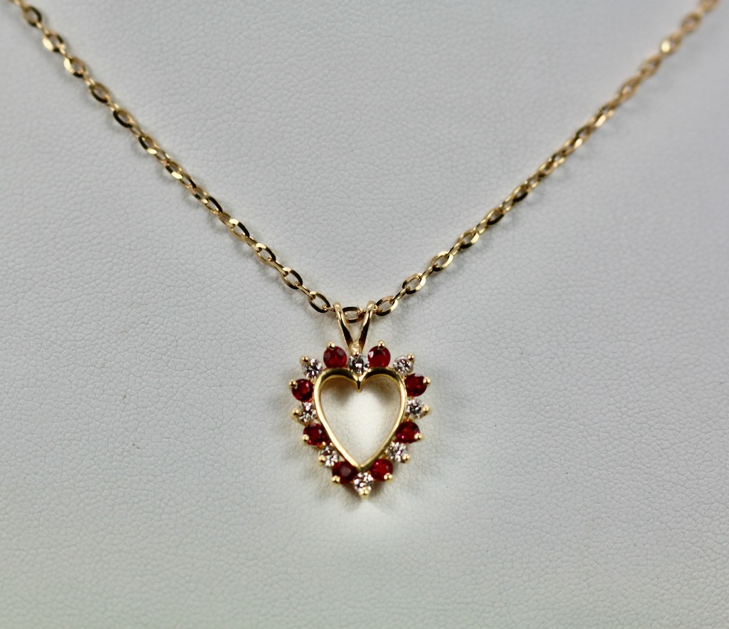 Classic Ruby and Diamond 14k Heart Pendant Necklace on 22” 18k yellow gold  chain