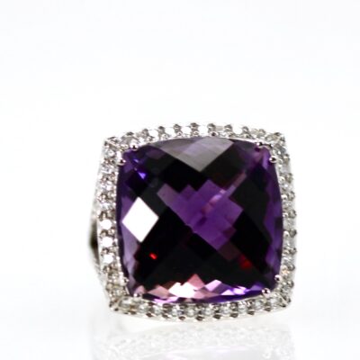 Huge Amethyst Ring 25 Carats w/ Diamond Border