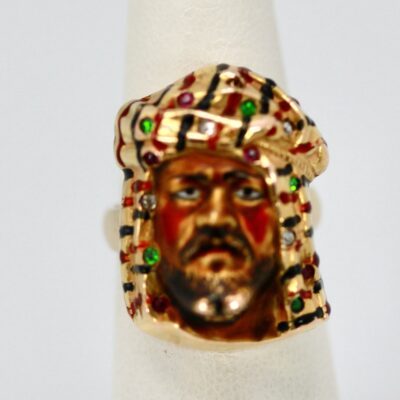 Enamel Ring with Face of Moor, Arabian or Egyptian Man 14K