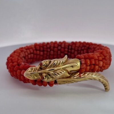 Coral Beaded Snake Bracelet 9K