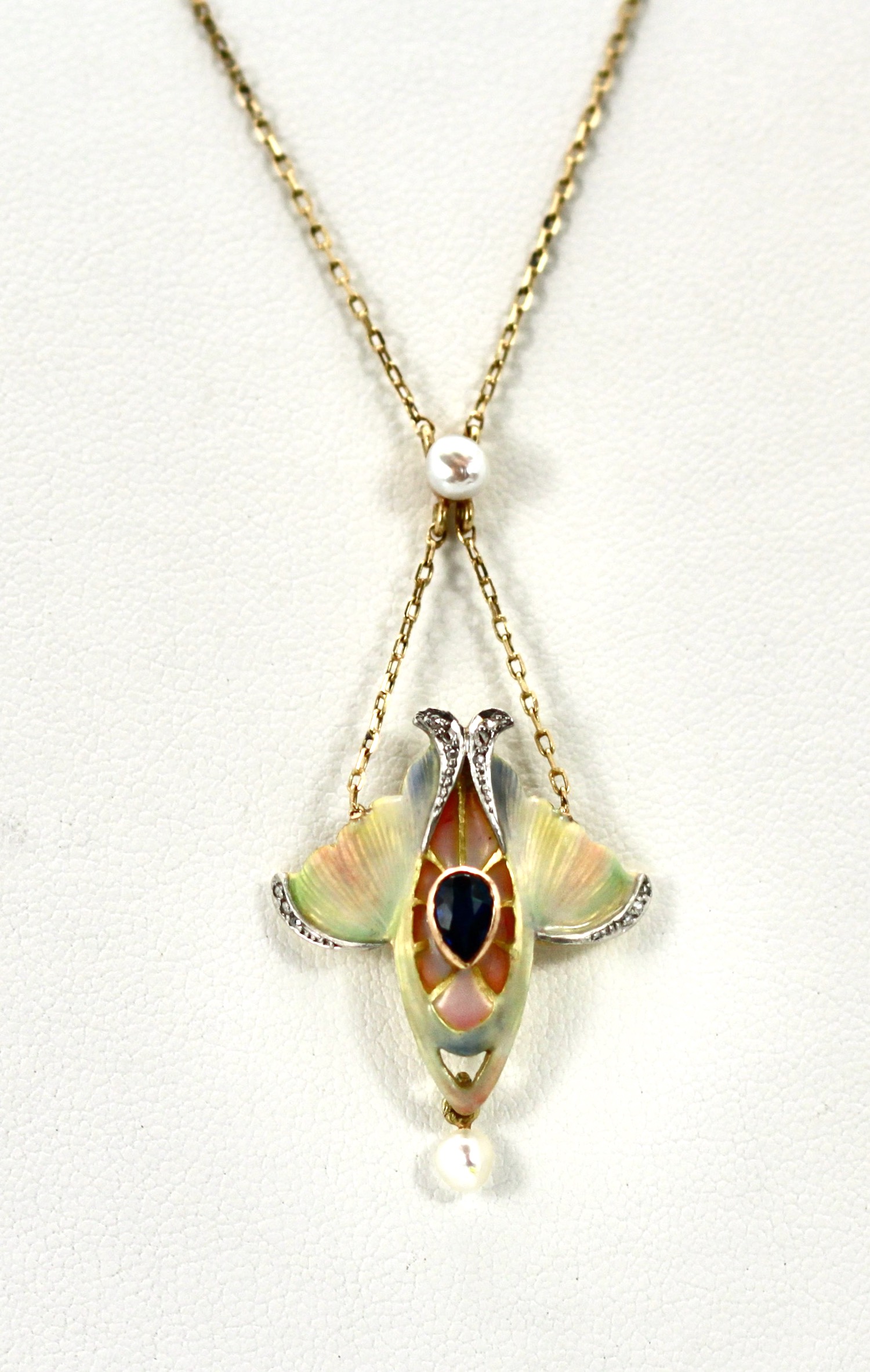 Art Nouveau Sapphire, Pearl, Enamel Pendant 14K