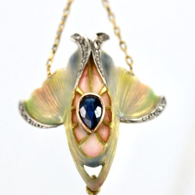 Art Nouveau Sapphire, Pearl, Enamel Pendant 14K