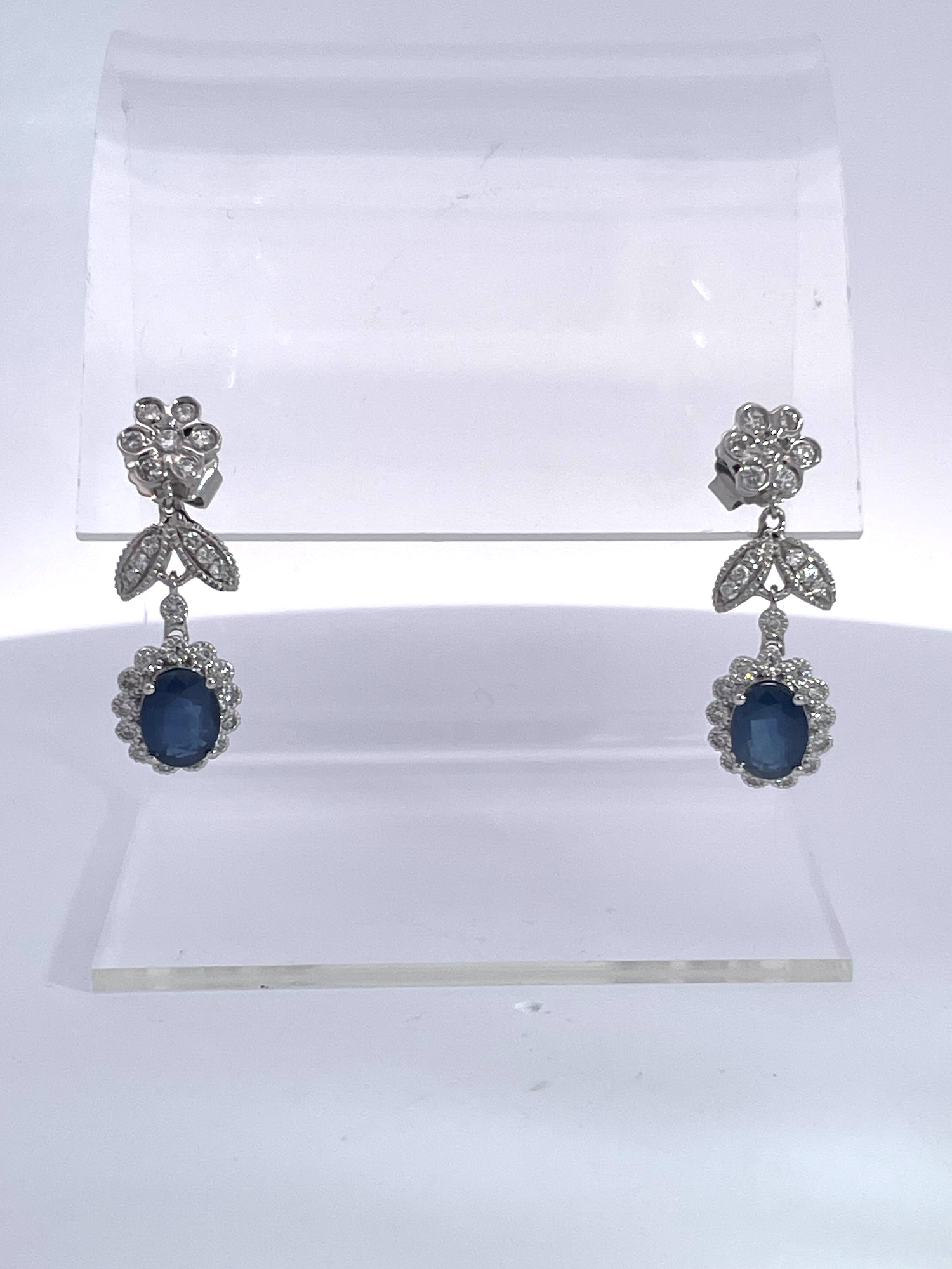 Sapphire Drop Earrings w/ Diamond Surround 18K