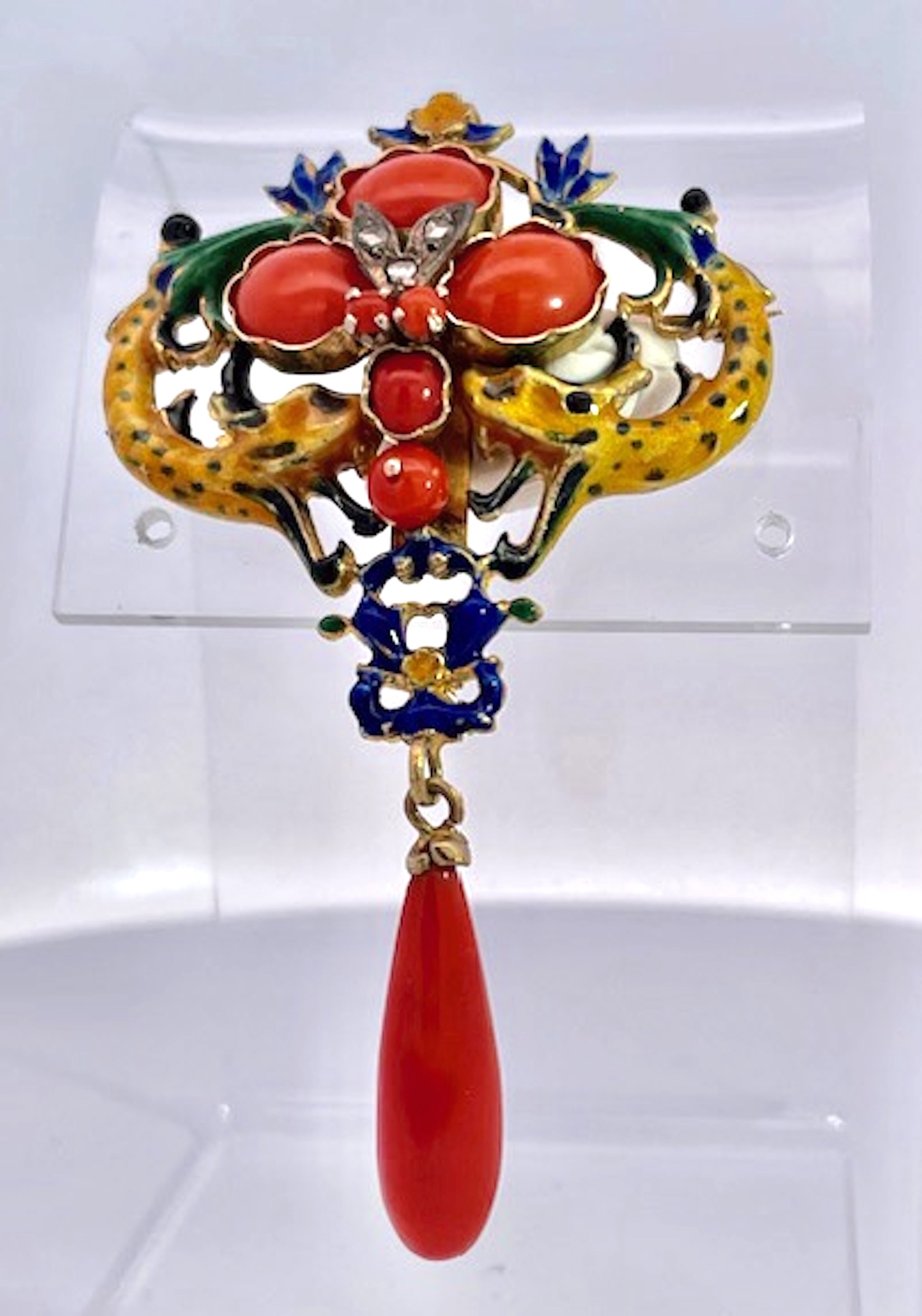 Art Nouveau Diamond Coral Enamel Brooch/Pendant 18K