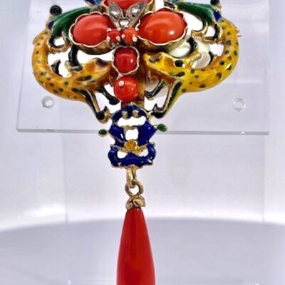 Art Nouveau Diamond Coral Enamel Brooch/Pendant 18K