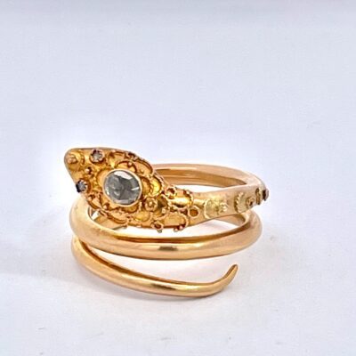 14K Yellow Gold Snake Ring with Granulated Head plus Diamond