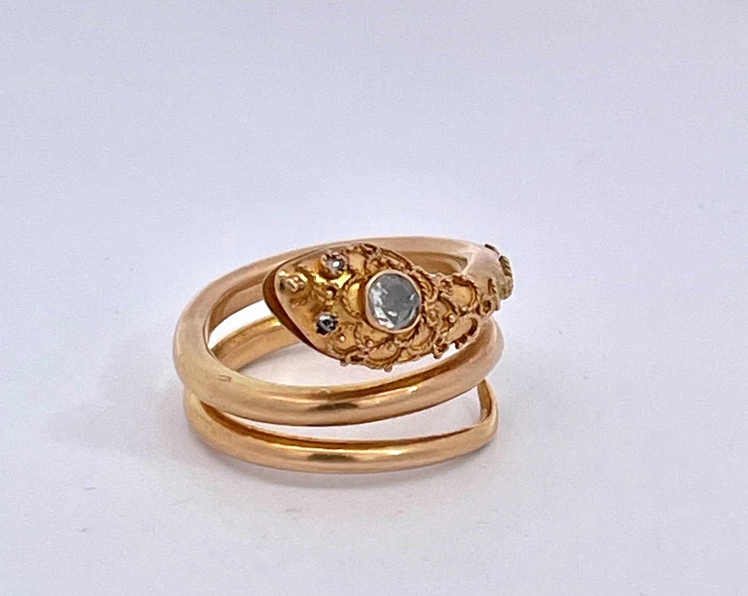 14K Yellow Gold Snake Ring with Granulated Head plus Diamond