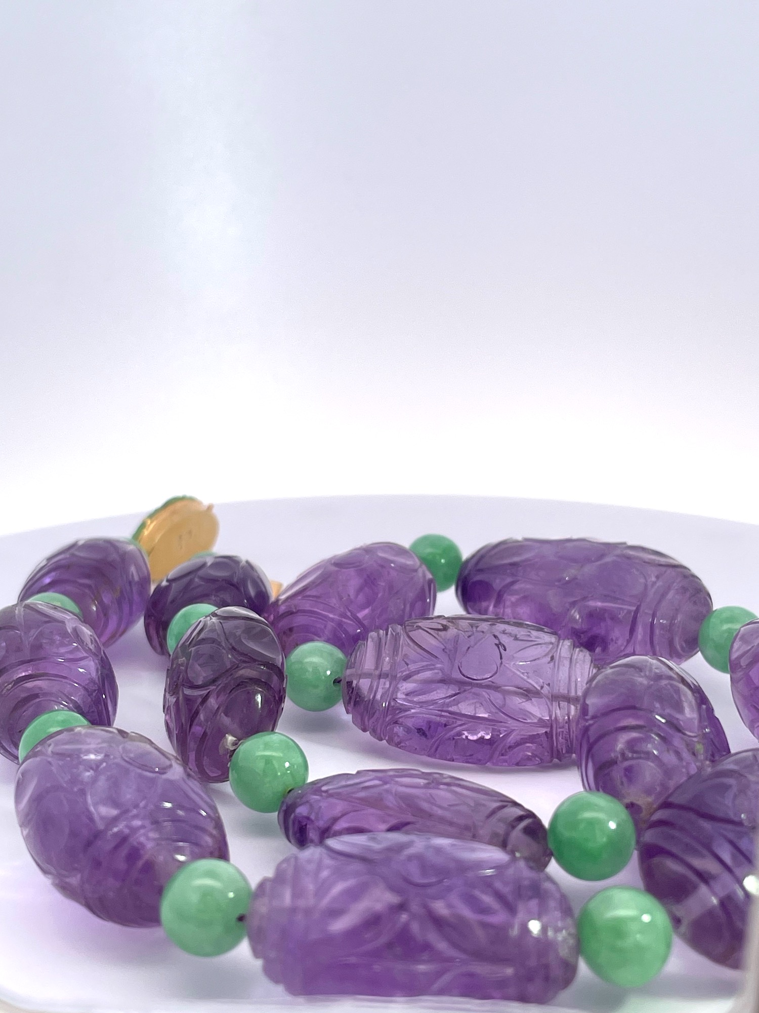 Vintage Carved Amethyst Jade Necklace 14K