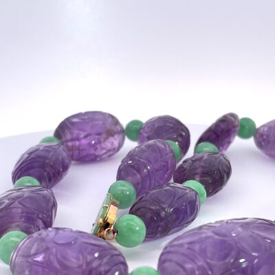 Vintage Carved Amethyst Jade Necklace 14K