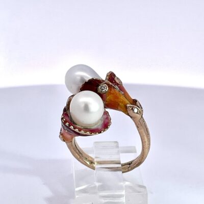 Art Nouveau Double Pearl Diamond and Enamel ring