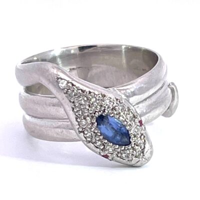 18K White Gold Diamond Tanzanite Head Snake Ring