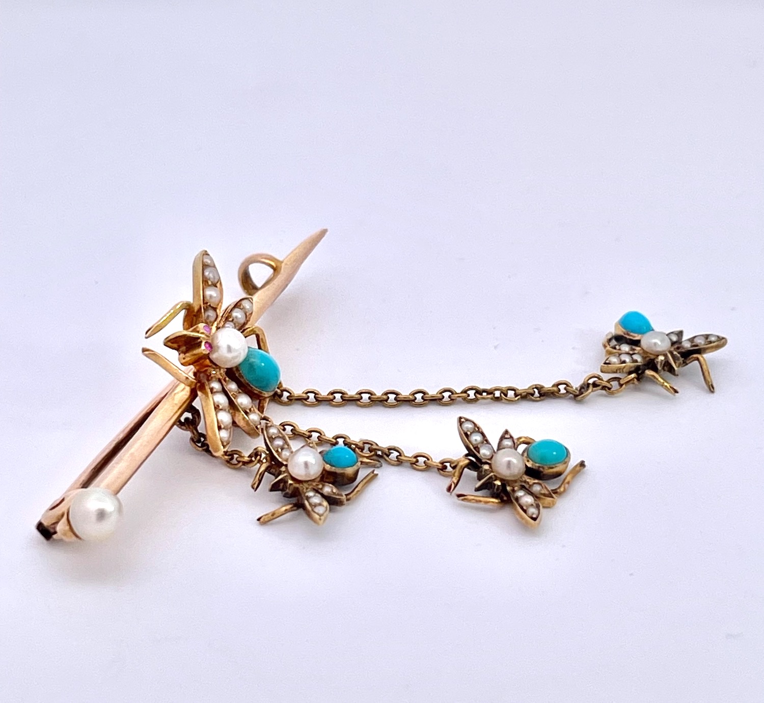 Victorian Turquoise and Pearl Triple Fly Brooch 14K