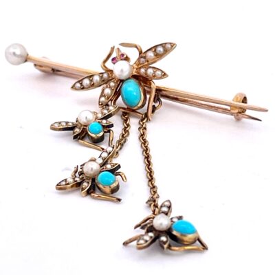 Victorian Turquoise and Pearl Triple Fly Brooch 14K