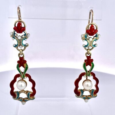 Antique Enamel and Pearl Dangle Earrings