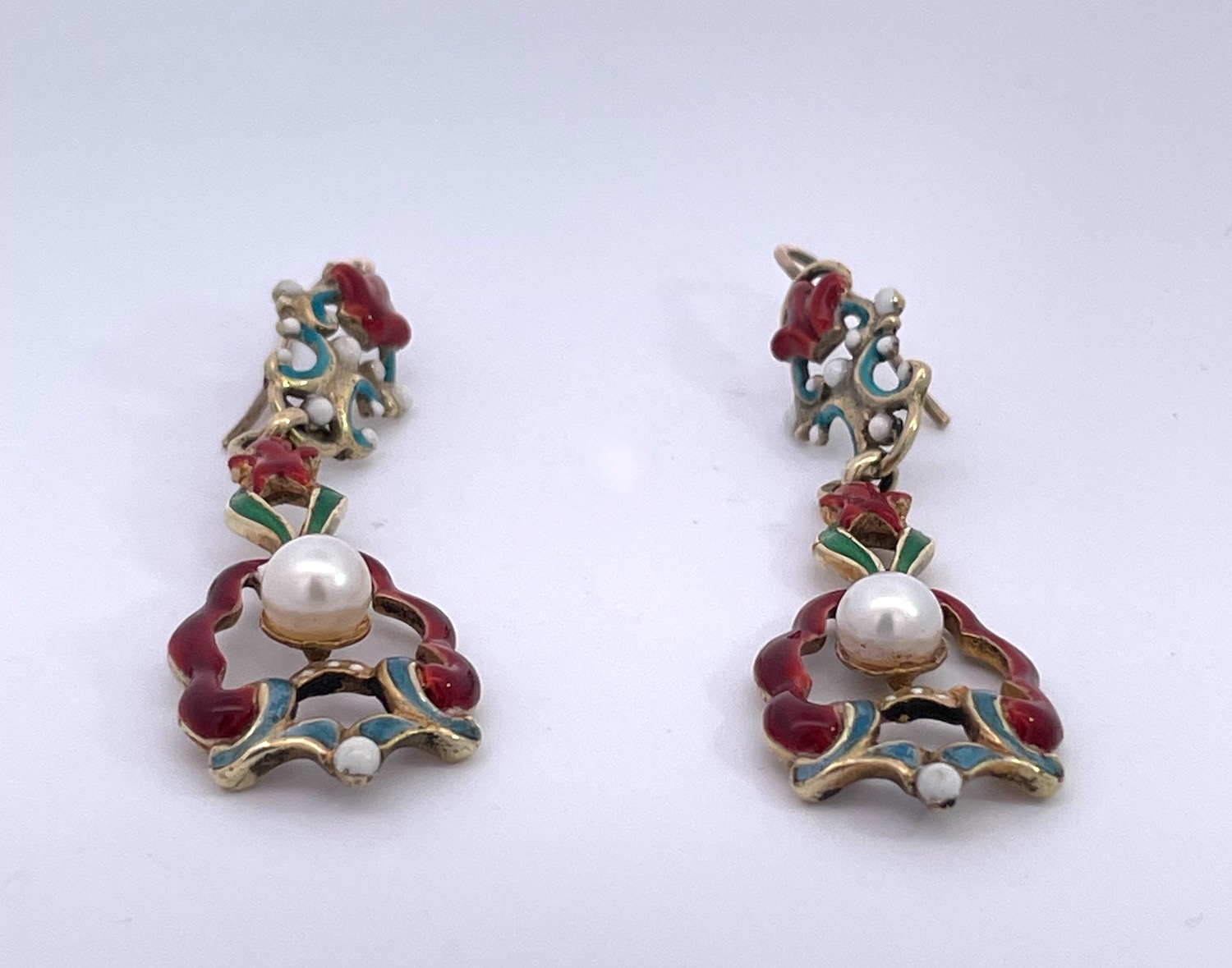 Antique Enamel and Pearl Dangle Earrings