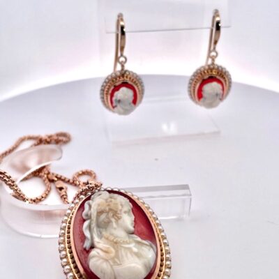 Antique Cameo set Earrings Pendant 14K Rose Gold